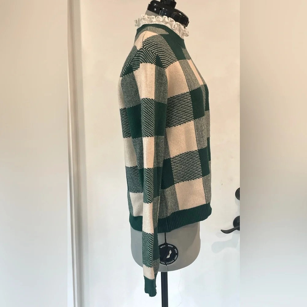 Anthropologie Buffalo Plaid Sweater, built in ruffle collar, S, like new - Picture 4 of 9